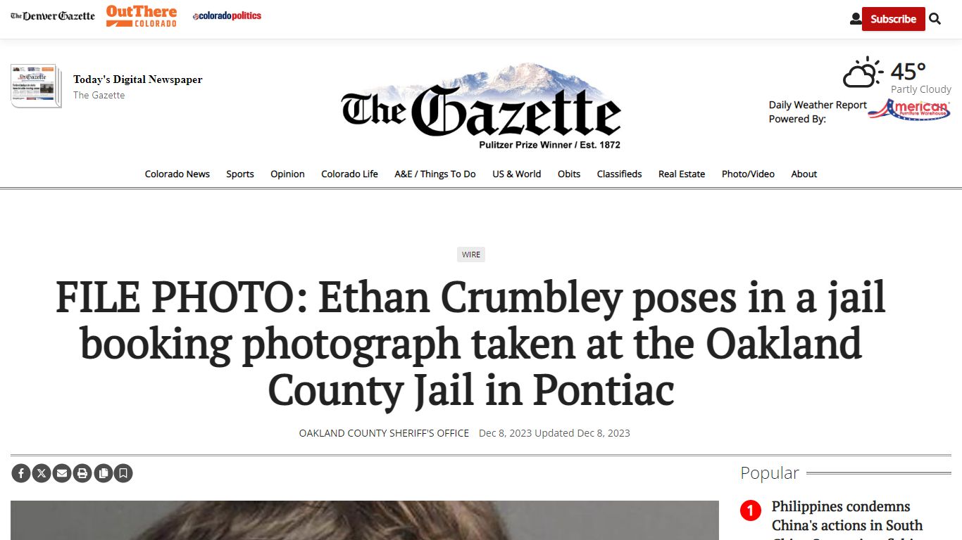 FILE PHOTO: Ethan Crumbley poses in a jail booking photograph taken at ...